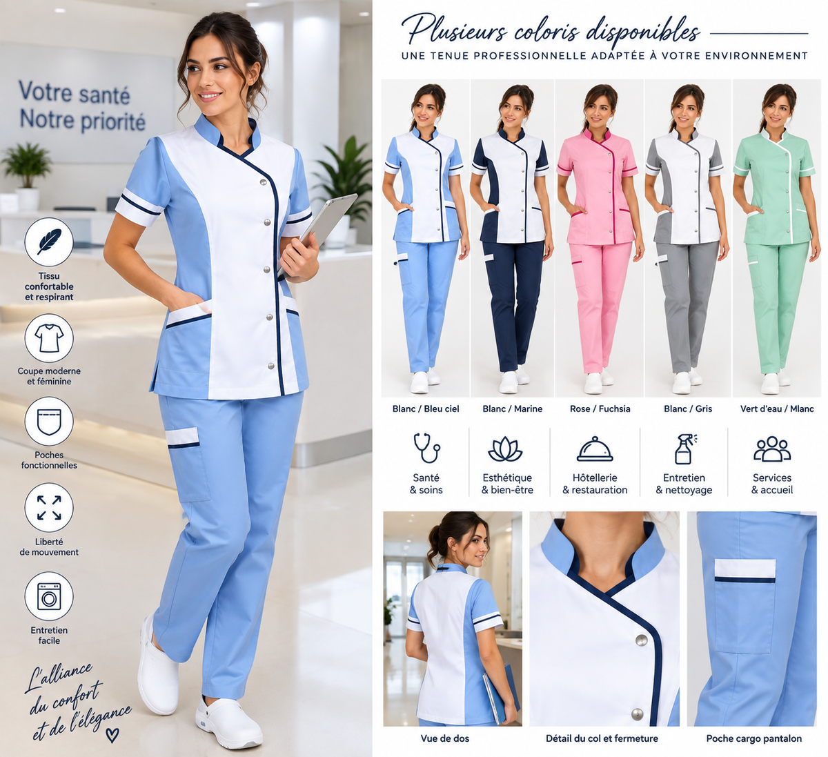 Ensemble de Travail Femme Blanc et Bleu Ciel avec Pantalon