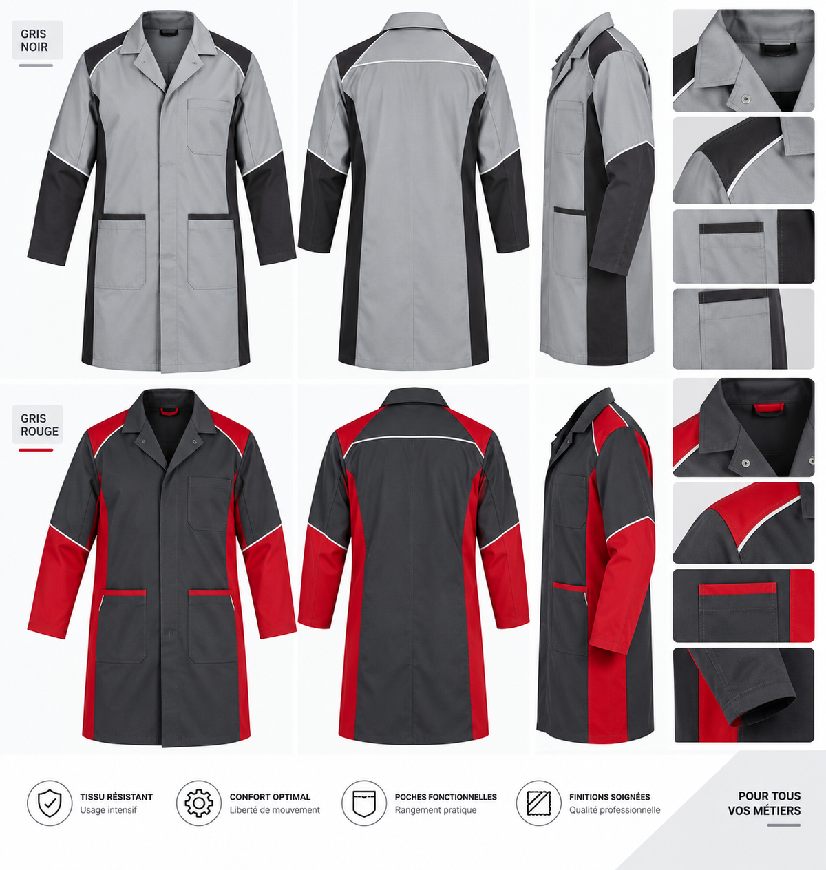 Détail des poches et finitions d’une blouse de travail rouge et noire