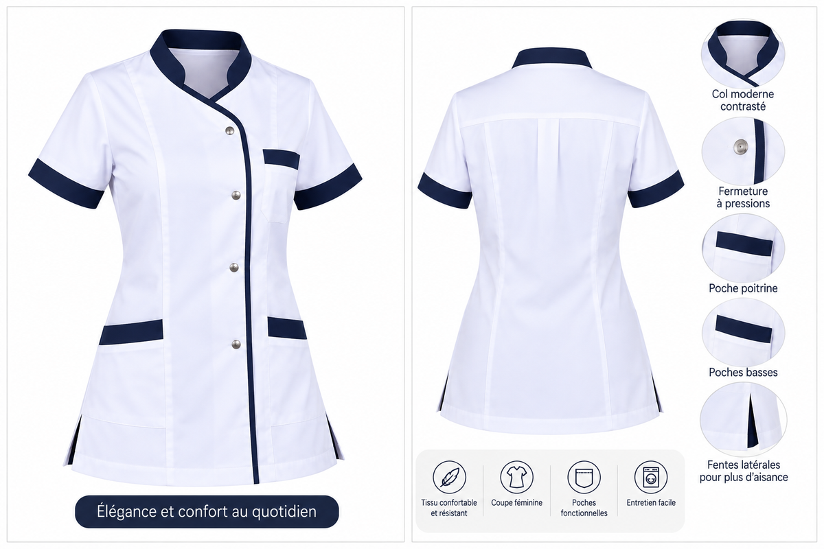 Blouse de Travail Femme Blanche et Marine à Manches Courtes