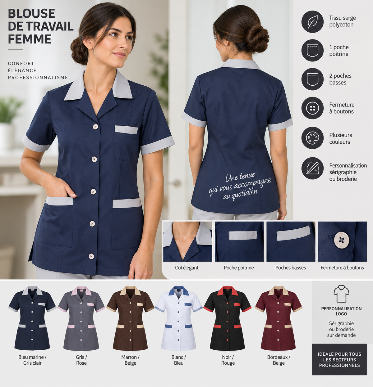 Blouse de Travail Femme à Manches Courtes en Polycoton