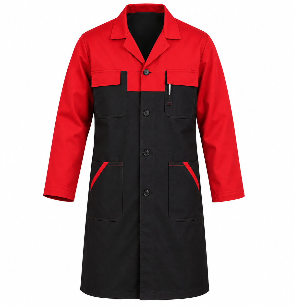 Blouse de travail professionnelle rouge et noire multipoches
