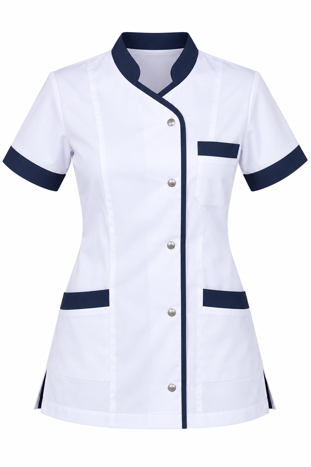 Blouse de travail femme blanche et marine à manches courtes