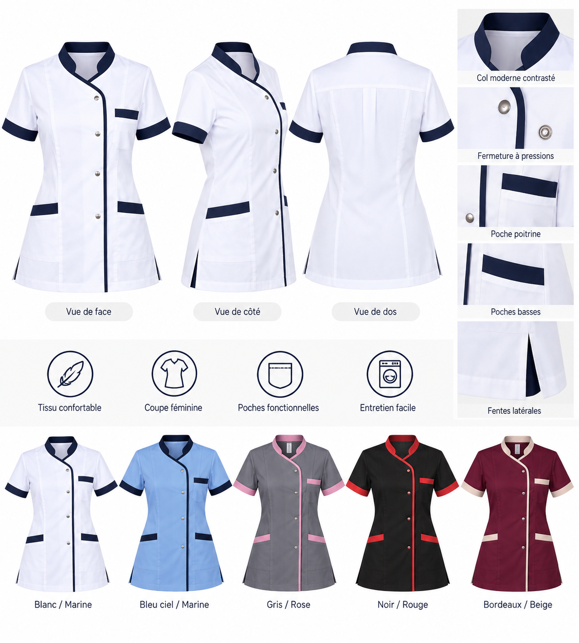 Blouse de travail femme blanche et marine vue de face avec col contrasté et poches