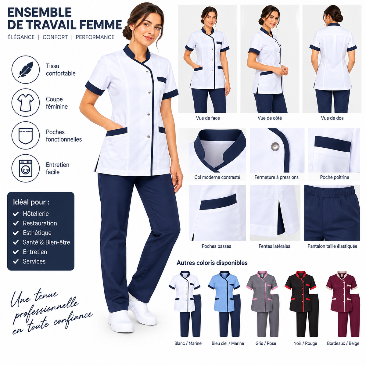 Ensemble de Travail Femme Blouse et Pantalon Blanc et Marine