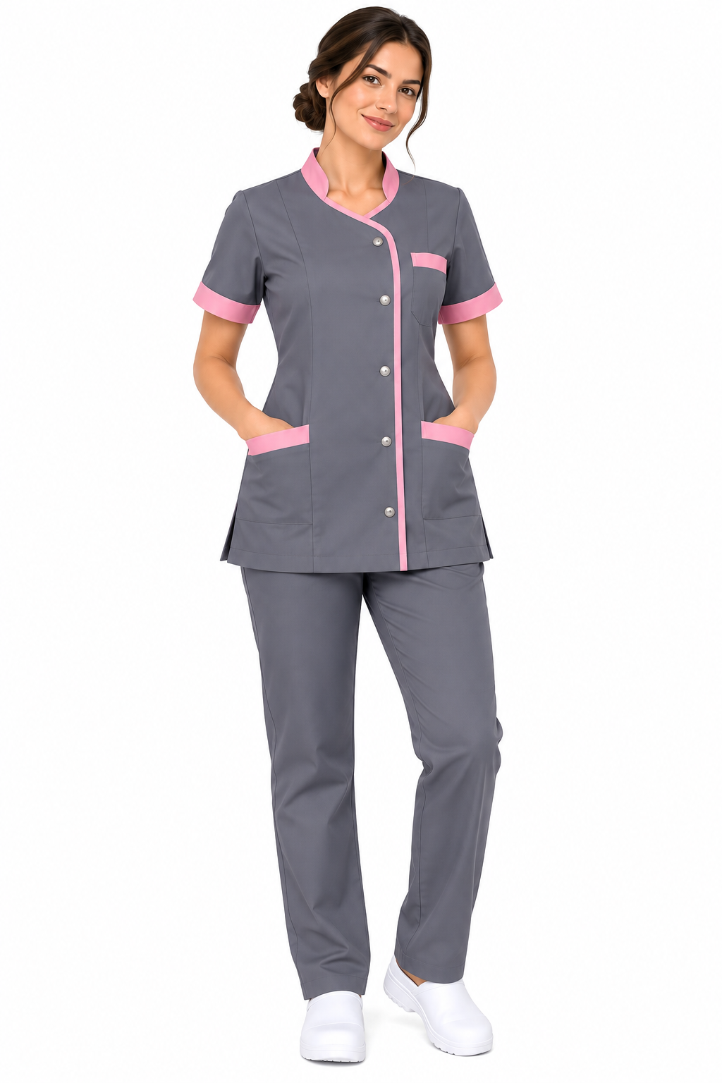 Ensemble de Travail Femme Gris et Rose à Manches Courtes