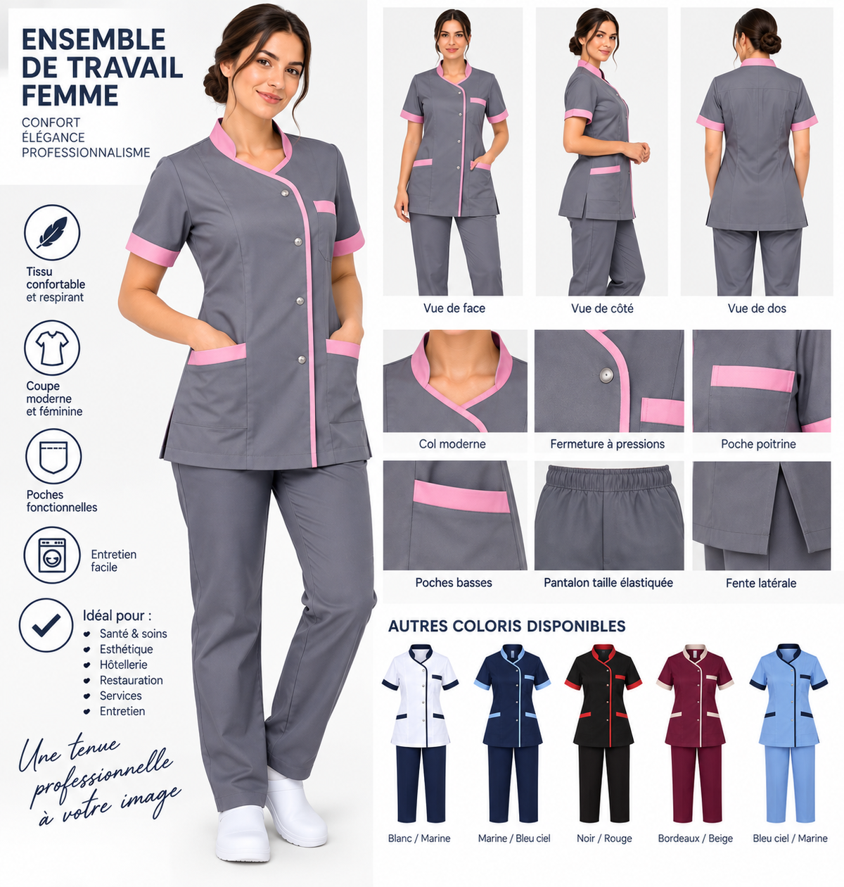 Ensemble de Travail Femme Gris et Rose à Manches Courtes