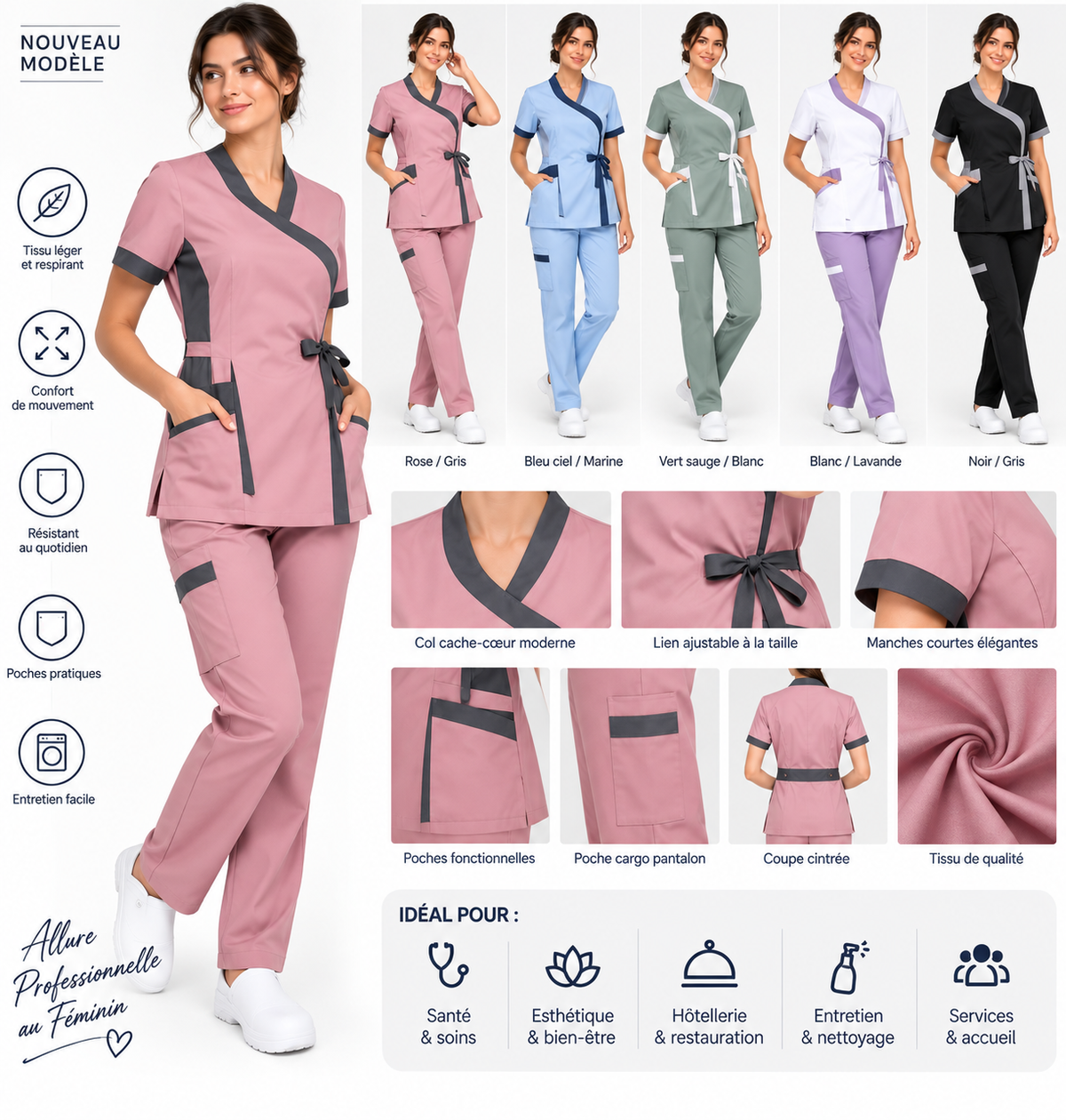 Ensemble Médical Femme Rose et Gris – Blouse et Pantalon