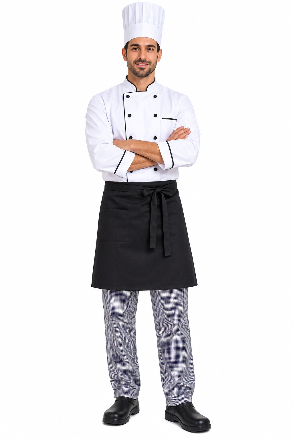 Ensemble de cuisine homme 4 pièces avec veste blanche pantalon pied-de-poule tablier noir et toque