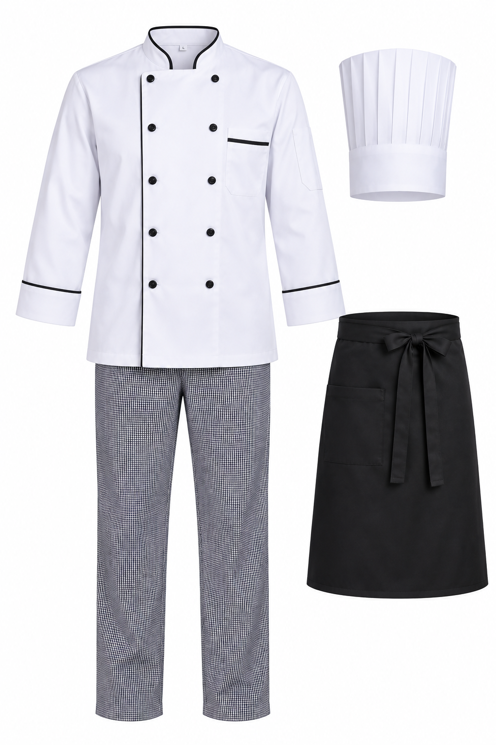 Tenue professionnelle de cuisinier homme avec veste blanche et pantalon pied-de-poule